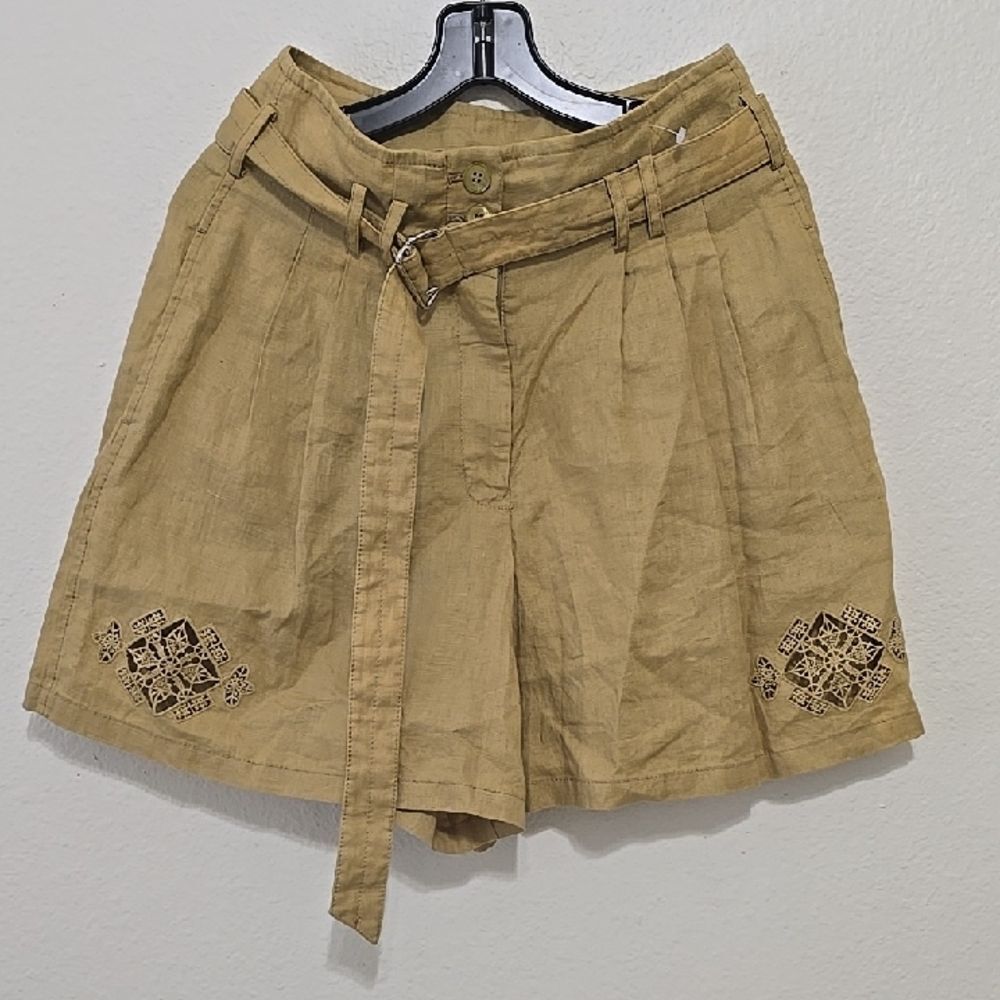 Rebecca Taylor Tan Bermudas with Tie Waist and Floral Embroidery